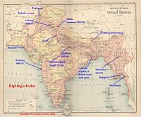 Kipling's India: map of British India with locations and years of Kipling's stays. Click to enlarge.