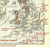 Kipling's England: map of England with locations and years of Kipling's stays. Click to enlarge.