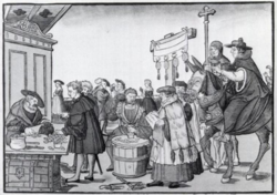 The sale of indulgences shown in A Question to a Mintmaker, woodcut by Jörg Breu the Elder of Augsburg, circa 1530.