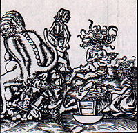 Birth and Origin of the Pope, one of a set commissioned by Martin Luther, artist Lucas Cranach, illustration for Martin Luther's "Against the Papacy at Rome, Founded by the Devil" 1545