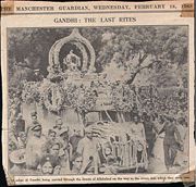 A press photo published in The Manchester Guardian, February 18, 1948, showing Mahatma Gandhi's ashes being carried through the streets of Allahabad.