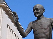 The centennial commemorative statue of Mahatma Gandhi in the center of downtown Pietermaritzburg, South Africa.