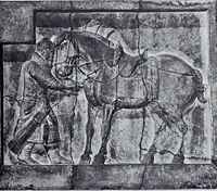 A bas-relief of a soldier and horse with elaborate saddle and stirrups, from the tomb of Emperor Taizong, c. 650