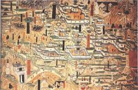 A 10th century mural painting in the Mogao Caves at Dunhuang showing monastic architecture from Mount Wutai, Tang Dynasty; Japanese architecture of this period was influenced by Tang Chinese architecture