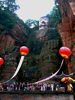The Leshan Giant Buddha, 71 m (233 ft) in height; construction began in 713 and was completed ninety years later in 803.