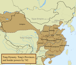 Tang provinces by 742; An Lushan harassed the Khitans (their territory indicated on the map) in order to stir conflict, which provided him with more support from Chang'an, hence strengthening his position. He eventually rose in rebellion in 755.