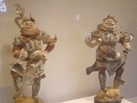 Wooden statues of tomb guardians from the Tang Dynasty; mechanical-driven wooden statues served as cup-bearers, wine-pourers, and others in this age