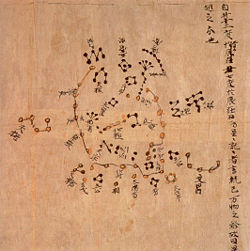 The Dunhuang map, a star map from the Tang Dynasty showing the North Polar region. The approximate date of this map's creation is 700. Constellations of the three schools were distinguished with different colors: white, black and yellow for stars of Wu Xian, Gan De and Shi Shen respectively. The whole set of star maps contained 1,300 stars.