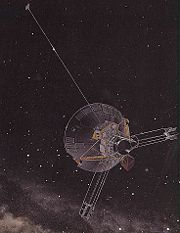 Artist's conception of Pioneer 10, which passed the orbit of Pluto in 1983. The last transmission was received in January 2003, sent from approximately 82 AU away. The 35-year-old space probe is now receding from the Sun at over 43,400 km/h (27,000 mph).