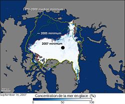 Arctic sea ice coverage as of 2007 compared to 2005 and also compared to 1979-2000 average