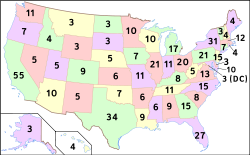 A map of the United States showing the number of electoral votes currently allocated to each state; 270 electoral votes are required for a majority out of 538 overall
