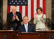 President George W. Bush delivering the 2007 State of the Union Address, with Vice President Dick Cheney and Speaker of the House Nancy Pelosi behind him