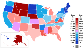 Percentage of House members for each party by state at the beginning of the 110th Congress.