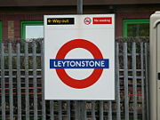 The use of the roundel with the station name in the blue bar dates from 1908. The roundel seen above can be found at Leytonstone tube station.