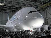 The first completed A380 at the "A380 Reveal" event in Toulouse.