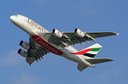 Emirates Airline has placed the most orders so far. (A380 F-WWDD in the airline's livery at the 2005 Dubai Airshow)