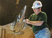 An F-35 wind tunnel testing model in the Arnold Engineering Development Center's 16-foot transonic wind tunnel