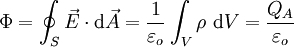 \Phi = \oint_S \vec{E} \cdot \mathrm{d}\vec{A} 
= {1 \over \varepsilon_o} \int_V \rho\ \mathrm{d}V = \frac{Q_A}{\varepsilon_o}