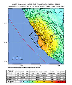 Map of the Peru coastline, showing location and strength of quake. Star marks epicenter.