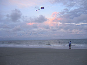 A man flying a kite on the beach, a good location for flying as winds travelling across the sea contain few up or down draughts which cause kites to fly erratically.