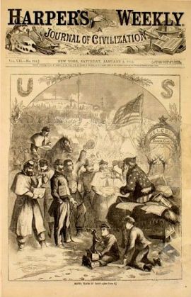 Thomas Nast immortalized Santa Claus with an illustration for the January 3, 1863 issue of Harper's Weekly. The first Santa Claus appeared as a small part of a large illustration titled "A Christmas Furlough" in which Nast set aside his regular news and political coverage to do a Santa Claus drawing. This Santa was a man dressed up handing out gifts to Union soldiers.