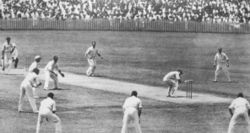 Bill Woodfull evades a Bodyline ball. Note the number of leg-side fielders.