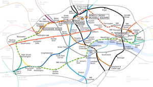 Locations of the bombings, overlaid onto a "real-path" map of the London Underground