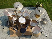 Top view: 1 ride, 3 crash, 1 splash, 1 china cymbals; 2 bass, 2 toms, 2 floor toms; 1 snare; 1 hi-hat