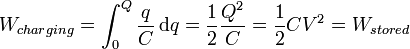  W_{charging} = \int_{0}^{Q} \frac{q}{C} \, \mathrm{d}q = \frac{1}{2}\frac{Q^2}{C} = \frac{1}{2}CV^2 = W_{stored}