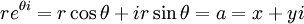 \,re^{{\theta}i} = r\cos\theta + i r\sin\theta = a = x + yi