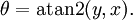 \,\theta = \operatorname{atan2}(y, x).