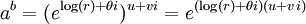 \,a^b = (e^{\log(r) + {\theta}i})^{u + vi} = e^{(\log(r) + {\theta}i)(u + vi)}