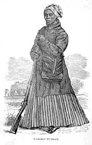 A woodcut of Tubman in her Civil War clothing