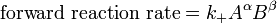 \mbox{forward reaction rate} = k_+ {A}^\alpha{B}^\beta \,\!