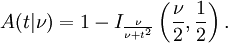 A(t|\nu) = 1 - I_{\frac{\nu}{\nu +t^2}}\left(\frac{\nu}{2},\frac{1}{2}\right).