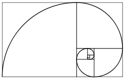 A Fibonacci spiral that approximates the golden spiral, using Fibonacci sequence square sizes up to 34.