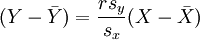 
(Y - \bar{Y})=\frac{r s_y}{s_x} (X-\bar{X})
