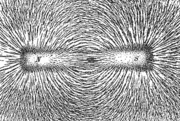 Magnetic lines of force of a bar magnet shown by iron filings on paper