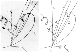 1974 discovery photograph of a possible charmed baryon, now identified as the Σ++c