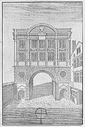 An engraving showing Moorgate before it was demolished in 1762