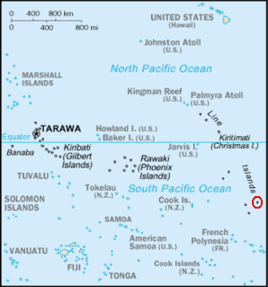 Caroline (circled, lower right) is the easternmost island in the central Pacific republic of Kiribati.