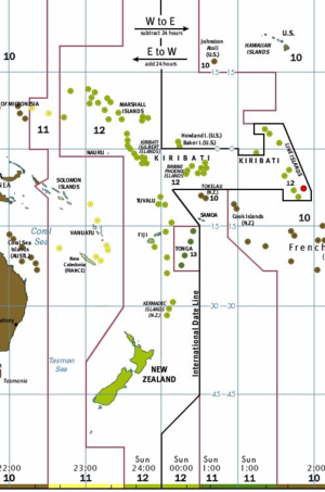 Following a 1995 time zone realignment, Caroline Island (red dot at far east of map) became the easternmost land west of the International Date line.