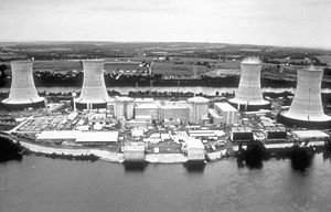 Viewed from the west, Three Mile Island currently uses only one nuclear generating station, TMI-1, which is on the left. TMI-2, to the right, has not been used since the accident. Note that this is a pre-accident photo taken when TMI-2 was in operation.