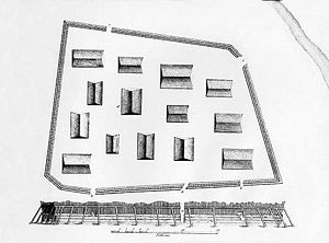 A plan and elevation sketch of the Tlingit fort Shis'kí Noow drawn by Yuri Lisyansky after the Battle of Sitka in 1804. The Indian River flows through the upper right corner of Lisyansky's drawing.