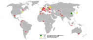 Carrot and Turnip output in 2005. Green: largest producer (China). Yellow: other major producers. Red: minor producers