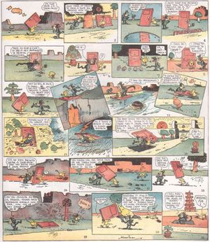 An early color Saturday page in which Krazy tries to understand why Door Mouse (a minor character) is carrying around a door. Published January 21, 1922. Note the ever changing backgrounds Click image to enlarge.