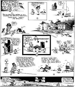 Ignatz Mouse resolves not to throw any more bricks at Krazy. Temptation follows him at every turn, and ultimately he finds a loophole to indulge his passion. Sunday, January 6, 1918.Click image to enlarge.