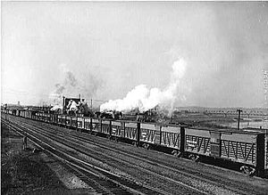 Stock cars make up part of an eastbound Santa Fe freight train in March, 1943.