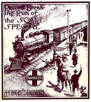 The cover of a booklet released by the railway to commemorate the Scott Special. Theodore Roosevelt is depicted on a horse, though he did not witness the event.