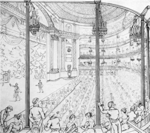 The present-day Theatre Royal in Drury Lane, sketched when it was new, in 1813
